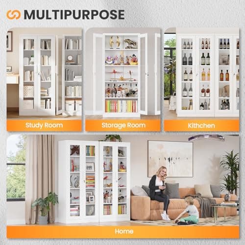 AFAIF Locking Display Cabinet with Glass Door, 71”H Metal Curio Cabinets with Adjustable Shelves, White Liquor Caninet Display Case for Living Room, Collectibles, Clinic, Home - Assembly Required 8
