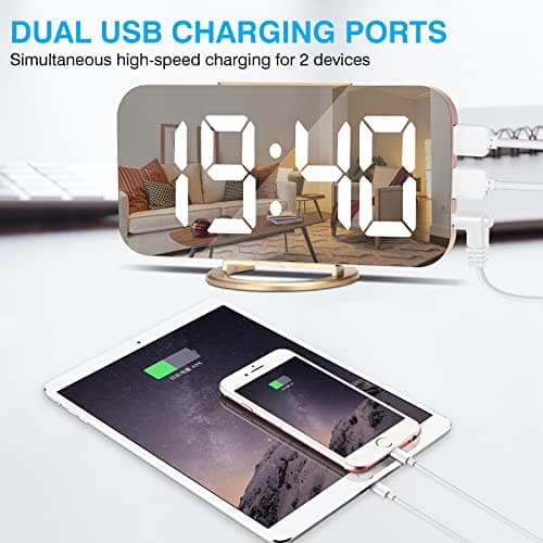 Sukeen Digital Alarm Clock,6" Large LED Display with Dual USB Charger Ports | Auto Dimmer Mode | Easy Snooze Function, Modern Mirror Desk Wall Clock for Bedroom Home Office for All People (Gold) 5