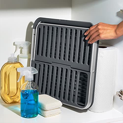 OXO Good Grips Aluminum Fold Flat Dish Drying Rack, 2-Tier, with Drainboard, for Kitchen Counter, Collapsible 8