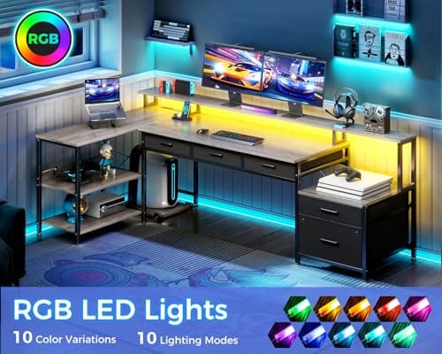 AODK L Shaped Desk with 5 File Drawers, 75" Reversible L Shaped Computer Desk with Power Outlet & LED Strip, Office Desk with Storage Shelves, Gaming Table with Monitor Shelf, Corner Table, Grey Oak 5