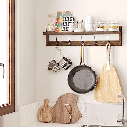 AMBIRD 28.9 Inch Length Shelf with Hooks Entryway Coat Rack Wall Mount Wood Coat Hooks with Shelf Wall-Mounted Coat Hook Rack with 5 Dual Hooks for Bathroom, Living Room, Bedroom (Brown) 5