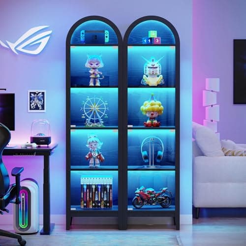BROTTAR 71" Tall Arched Display Cabinet with Glass Doors, Curio Cabinet with LED Lights for Collectibles, Books, 5-Tier Showcase Glass Display Case with Human Body Sensor for Living Room, Black 7