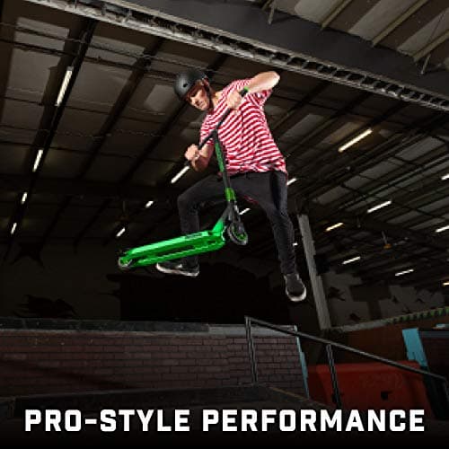 Mongoose Rise 100 Pro Freestyle Stunt Trick Scooter, Lightweight Alloy Deck & Heavy-Duty Frame Up to 220 lbs., Bike-Style Grip, Wheel Pegs Included, Black/Green 6