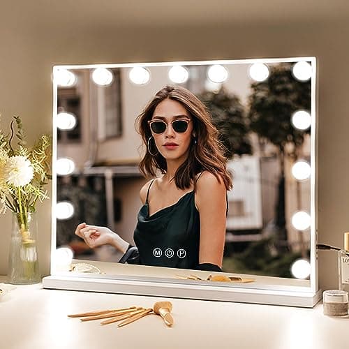 Fenair Vanity Mirror with Lights 22.8"x 18.1" Makeup Mirror with Lights and 15 Dimmable Bulbs,3 Colors Modes,Hollywood Mirror with USB Charging Port and 10X Detachable Magnification Mirror 8