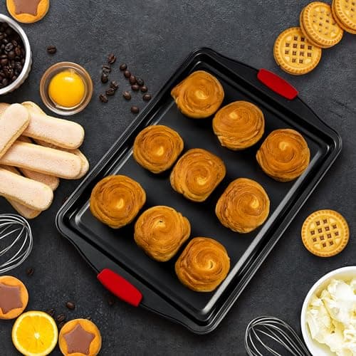 Baking Sheet Set, 2-Piece Cookie Sheet Set with Silicone Handles, Steel Baking Pans Set, Durable Baking Sheets for Oven, BPA Free Cookie Sheets for Baking Nonstick Set, Sheet Pan - Black Baking Tray 7