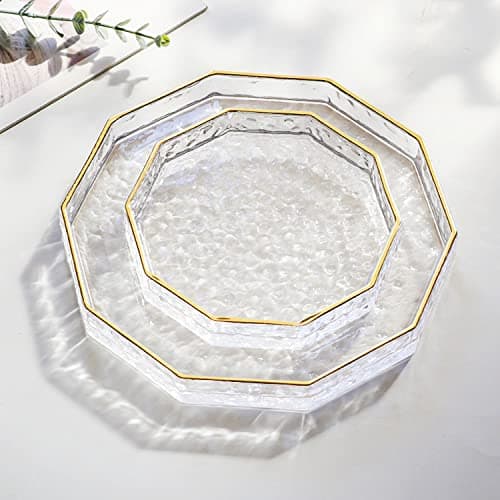 Halyuhn 10 Inch Decagon Glass Tray With Gold Rim - Clear Hammered Vanity Makeup Display With 2" Wall, Thick Decorative Dresser Bathroom Perfume Cosmetic Tray for Tabletop Countertop 8