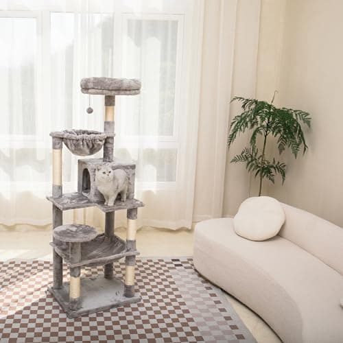 Catreaier Cat Tree, 54-Inch Cat Tower for Indoor Cats, Plush Multi-Level Cat Condo with 5 Scratching Posts, Pompom, One Round Hammock and One Square Hammock Light Gray 6