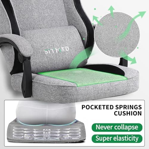 Gaming Chair with Footrest, Ergonomic Lumbar Support Massager Video Game Chair with Metal Legs, High Back Reclining Silla Gamer Chair with Headrest (Light Grey) 6