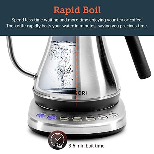 COSORI Gooseneck Electric Kettle with 5 Variable Presets, Pour Over & Coffee maker, 100% Stainless Steel Inner Lid & Bottom, 1200 Watt Quick Heating, 0.8L, Silver 5