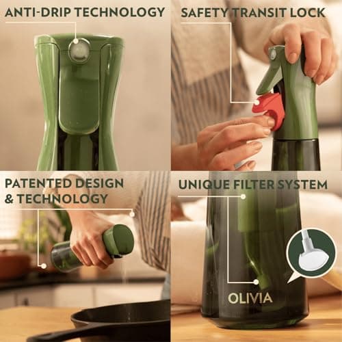 FLAIROSOL OLIVIA Oil Sprayer for Cooking, 200ml Glass Olive Oil Sprayer, Continuous Cooking Spray with Portion Control, Oil Dispenser for Kitchen, Air Fryer, Salad, BBQ (Green Bottle, Gold Print) 5