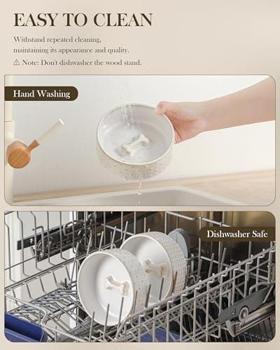 MALACASA Dog Bowl Set with Walnut Wood Stand, 1.5 Cups Ceramic Pet Bowls for Puppy Dogs, Dual Food and Water Bowls with Weighted Non-Slip Base, Basic Bowls for Your Dog or Cat, Rhombic & Polka Dots 8