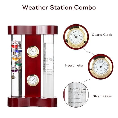 Lily's Home Analog Weather Station with Galileo Thermometer, Precision Quartz Clock & Hygrometer, Fitzroy Storm Glass, Gift for Friends and Family, Holiday Gift, Indoor & Outdoor Décor (7” x 4.4”) 3