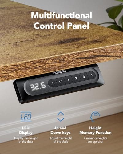 HUANUO 55" x 28" Electric Standing Desk Adjustable Height, 4 Memory Height Settings, Headphone Hook, Cable Manager, Sit Stand Up Desk for Home Office & Computer Workstation, Vintage Brown 5