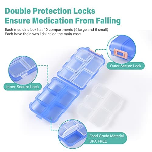 1 Pack Travel Pill Organizer w Labels & 1 Drawstring Pouch, Small 10 Compartments Pocket Pharmacy, Handy Pill Holder Box - Portable Daily Weekly Medicine Container Case - Blue 8