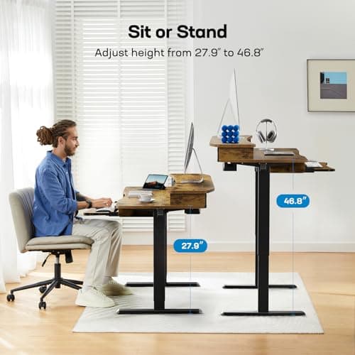 HUANUO 48" x 26" Electric Standing Desk with 2 Drawers & 26.7" Large Keyboard Tray, C-Clamp Mount Compatible, Adjustable Computer Desk for Home Office, Stand Up Desk with 4 Height Presets, Vintage 7
