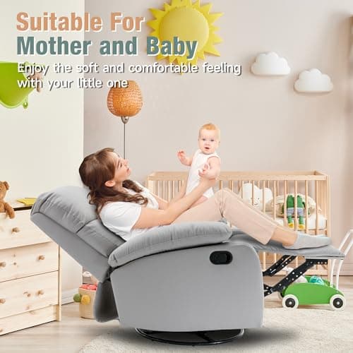 hzlagm Swivel Rocker Recliner, Rocking Chair Nursery, Small Rocker Recliners for Small Spaces, Living Room, Bedroom, Nursery, RV, Light Grey 9