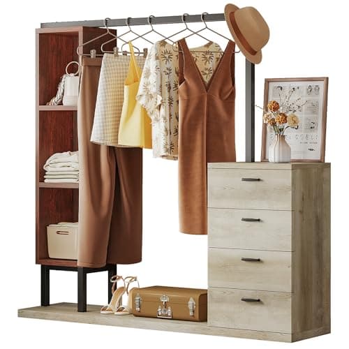 IRONCK Clothes Rack with 4 Wooden Drawers, Heavy Duty Garment Rack with Hanging Rack & 3 Shelves for Storing Clothes, Bags, White Maple with Red Walnut 7