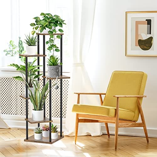 Oppro 6 Tier Tall Plant Stand Indoor Outdoor, Large Wood Metal Planter Shelf Holder for Narrow Corner, Sturdy Vertical Multiple Flower Orchid Pot Decorative Rack for House Living Room Bedroom Office, Rustic Black 8