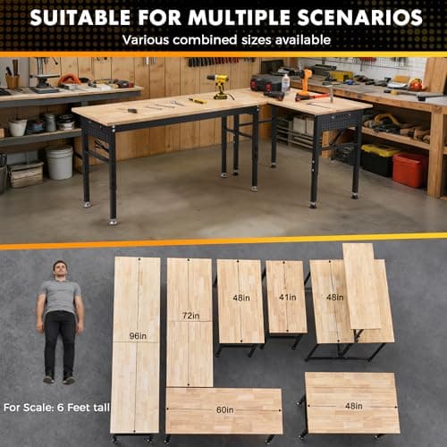 60" Adjustable Workbench with Rubberwood Top & Power Outlet,Large 60 x24Inch 9-Level Height Range 27"-37", 2000 LBS Heavy Duty Capacity for Workshop, Office, Garage, Home 7