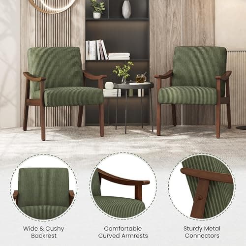 Yaheetech Corduroy Accent Chair, Mid-Century Modern Armchair with Solid Wood Legs, Reading Leisure Chair with High Back for Living Room Bedroom Waiting Room Dark Green 6