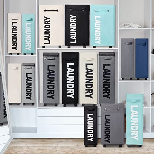 Caroeas 22" Rolling Slim Laundry Basket with Stand Foldable Waterproof Sorter and Organizer on Wheels Tall Thin Dirty Laundry Hamper Basket Home Corner Bin (Beige) 6