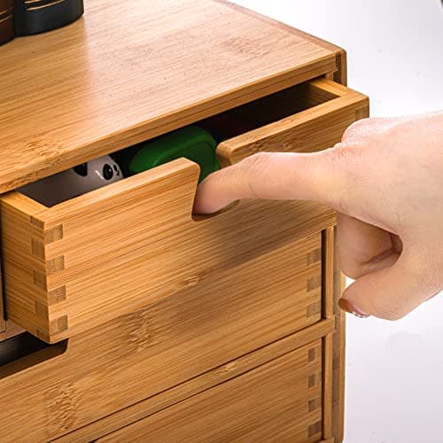DEAYOU Bamboo Desk Organizer, 100% Natural Bamboo Desktop Drawer Organizer, Tabletop Storage Cabinet Organization Box with 4 Drawers for Makeup, Letter, Home Office Supplies, 3-Layer, Fully Assembled 7
