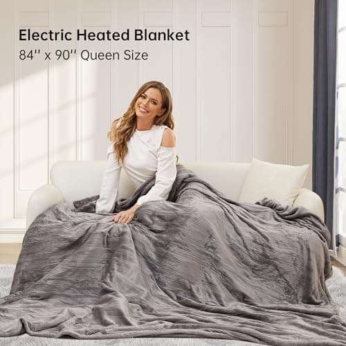 McJaw Electric Heated Blanket 84'' x 90'' Queen Size Flannel Fabric, Keep Your Warm All Night, Dual Controllers, 4 Heating Levels& 10 Hours Auto Shut-Off, Silver 6