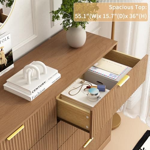 Sscaktu 8 Drawer Dresser for Bedroom, Modern Fluted Double Dresser, 55" Wide Chest of Dressers, Mid Century Wooden Beside Table for Closet, Living Room and Entryway, Natural 6