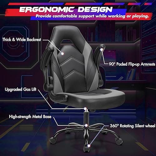 Sweetcrispy Computer Gaming Desk Chair - Ergonomic PU Leather with Comfy Lumbar Support, Height Adjustable Rolling Desk with Flip-up Armrests, for Home and Office 7