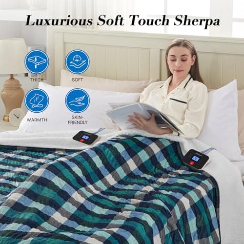 Westinghouse Electric Blanket King Size, Flannel to Sherpa Heated Blanket with 10 Heating Levels & 1 to 12 Hours Auto Off, Fast Heating, Machine Washable, 100 * 90 Inch, Green 8