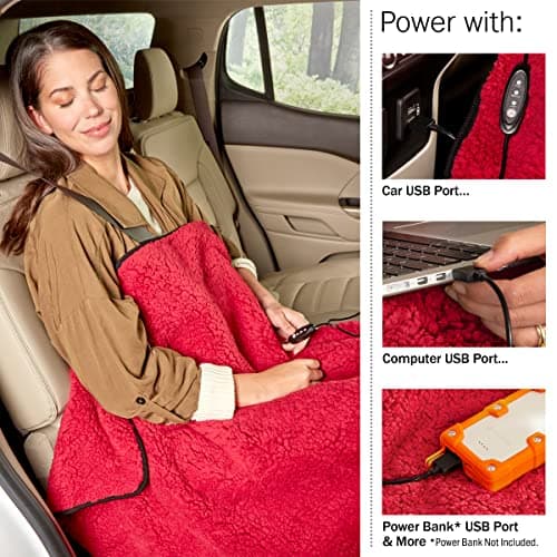 Heated Blanket 2-Pack - USB-Powered Sherpa Throw Blankets for Travel, Home, Office, or Camping - Winter Car Accessories by Stalwart (Red Wine) 4