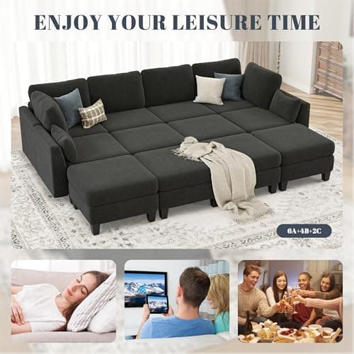 Dowiean Sectional Sleeper Sofa, 6 Seaters Modular Sleeper Sofa Couch, Comfy Sectionals Couches Bed, Convertible Sofas with Ottomans, Modular Sectional Couches for Living Room, Dark Grey 5