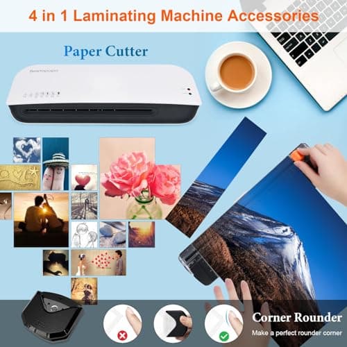 Laminator, A4 Laminater Machine, 9 Inch Thermal Laminater Machine, 4 in 1 Personal Desktop Cold Laminator with Paper Cutter and Corner Rounder 15 Laminating Pouches for Office School Business Use 7
