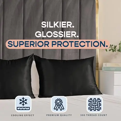 BLISSFORD Black Satin Pillowcase with Zipper for Hair and Skin Care, Feels Soft and Cool Like a Silk Pillowcase, Satin Pillow Cases 2 Pack, Slik Pillow Cover, Standard Size, Set of 2 7