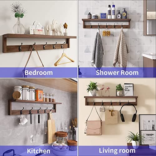 BEIUTAO 2 Pack Wall Mount Coat Rack with Shelf, Wood Coat Hanger with Hooks, Entryway Shelf for Clothes, Hats, Towel, Purse, Living Room, Bedroom, Bathroom, Rustic Brown 6