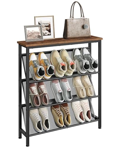 CHOEZON Shoe Rack, 4-Tier Slanted Shoe Storage Shelf, Narrow Shoe Rack for Entryway, Shoe Organizer with Adjustable Feet, Slim Shoe Shelf with Wooden Top and Metal Frame Rustic Brown and Black TXJ75BF