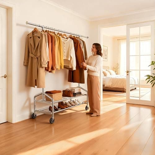 WATIOWL Heavy Duty Clothes Rack, Rolling Clothing Rack for Hanging Clothes Load 650 LBS with 2 Sturdy Shelves, Metal Garment Rack with Wheels for Bedroom, Laundry Room, Retail Store, Silver 9