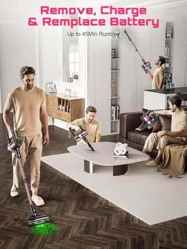 Cordless Vacuum Cleaner, 10 in 1 Stick Vacuum with Powerful Suction, Hose, Green LED Light, Anti-Tangle Brush, Lightweight Rechargeable Vacuum Cleaner for Home, Hardwood Floors, Carpets, Pet Hair,Pink 8