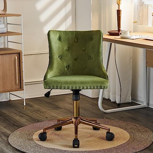 VINGLI Olive Green Velvet Armless Office Desk Chair with Gold Base/Wheels, Small Cute Vanity/Makeup Chair with Back for Bedroom, Upholstered Adjustable Rolling Swivel Nail Chair for Women/Girls 9