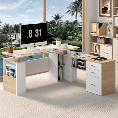 JOMEED 63" L Shaped Electric Standing Desk with Drawers, Executive Adjustable Height with Privacy Panel and Power Outlets(Oak and White)