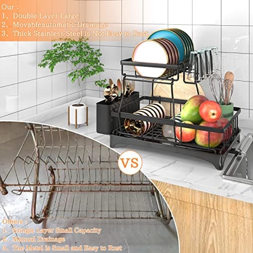 Godboat Dish Drying Rack, 2-Tier Dish Rack with Auto-Drain & Mat, Dish Racks for Kitchen Counter, Dish Drainer with Knife, Fork & Cup Rack, Gifts for Women, Mothers Day, Cool Stuff & Kitchen Gadgets 5