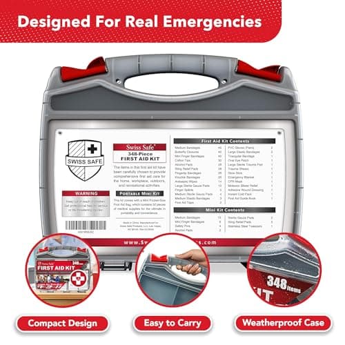 Swiss Safe 2-in-1 First Aid Kit for Car, Travel & Home, Businesses - Bonus Mini Kit for Medical Emergency Aid, Survival, Camping - FSA & HSA Eligible - 348 Pcs, Large Hardcase FAK 8