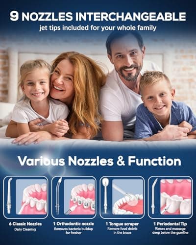 JTF Water Dental Flosser Picks for Teeth - 4 Modes Cordless Oral Irrigator, 300ML Portable Water Flosser & Rechargeable IPX7 Waterproof Water Teeth Cleaner for Home Travel with 9 Jet Tips (Black) 6