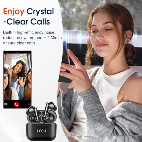 Wireless Earbuds, Bluetooth 5.3 Headphones Stereo Bass with Noise Cancelling Mic, 48Hrs Playtime in Ear Ear Buds with LED Power Display Charging Case, IPX7 Waterproof Earphones for Android iOS Sports 5