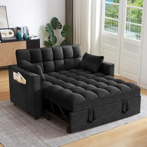 Hommoo Sleeper Sofa Couch with Pull Out Bed Convertible 3 in 1 Futon Lounge Sofa Small Love Seat for Living Room Apartment Comfy Velvet Reclining Back with Pillows and Pockets 53" Black
