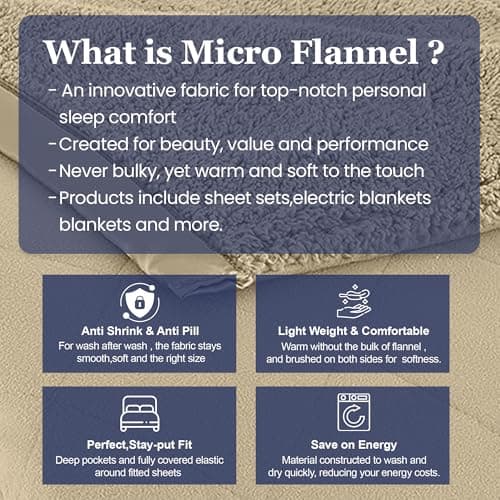 Thermee Micro Flannel Heated Blanket With Sherpa Back, 10-Setting Electric Full Size, Programmable, Ultra-Soft Throw, Fast Heating Thermal - Tan 6