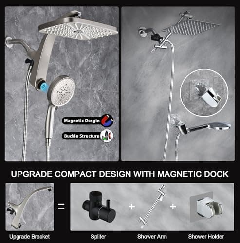 High Pressure Rain Shower Head: Upgrade Shower Heads with Handheld Spray Combo with Fixed Showerhead and 10 Sprays Handheld Shower Head, Detachable Showerheads Built-in Magnetic Docking and Power Jets 5