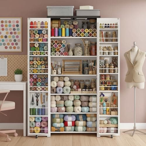 NEWOWNDS Craft Storage Cabinet with LED Lights​​ – 72" Adjustable Shelves Sewing Organizer, Multi-Purpose Sewing Cabinet for Craft Room/Home Office Storage 8