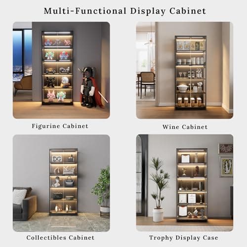 IUXPAM Display Cabinet with Glass Doors, 5-Tier 65" Glass Display Cabinet with LED 3-Color Lights & Human Body Sensor, Curio Cabinet with Textured Wood Shelves for Collectibles(Black Iron Frame 6