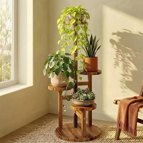 Bamworld Plant Stand Indoor Plant Shelf 4 Tier Wood Plant Stand for Multiple Plants Tall Corner Plant Stands for Outdoor Round Flower Stand Plant Holder for Living Room Patio Garden Balcony Brown